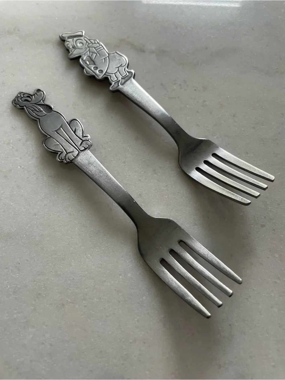 Vintage Disney Kids Donald Pluto Stainless Steel Forks Set of 2, Silver #0219
